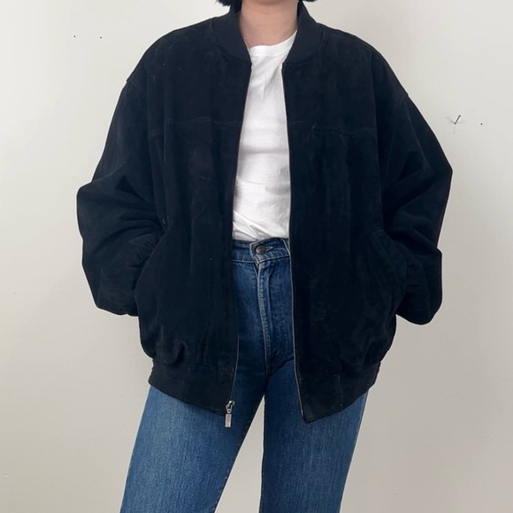 Vintage Genuine Leather Suede Boyfriend Oversized Black Bomber Jacket - Picture 1 of 8